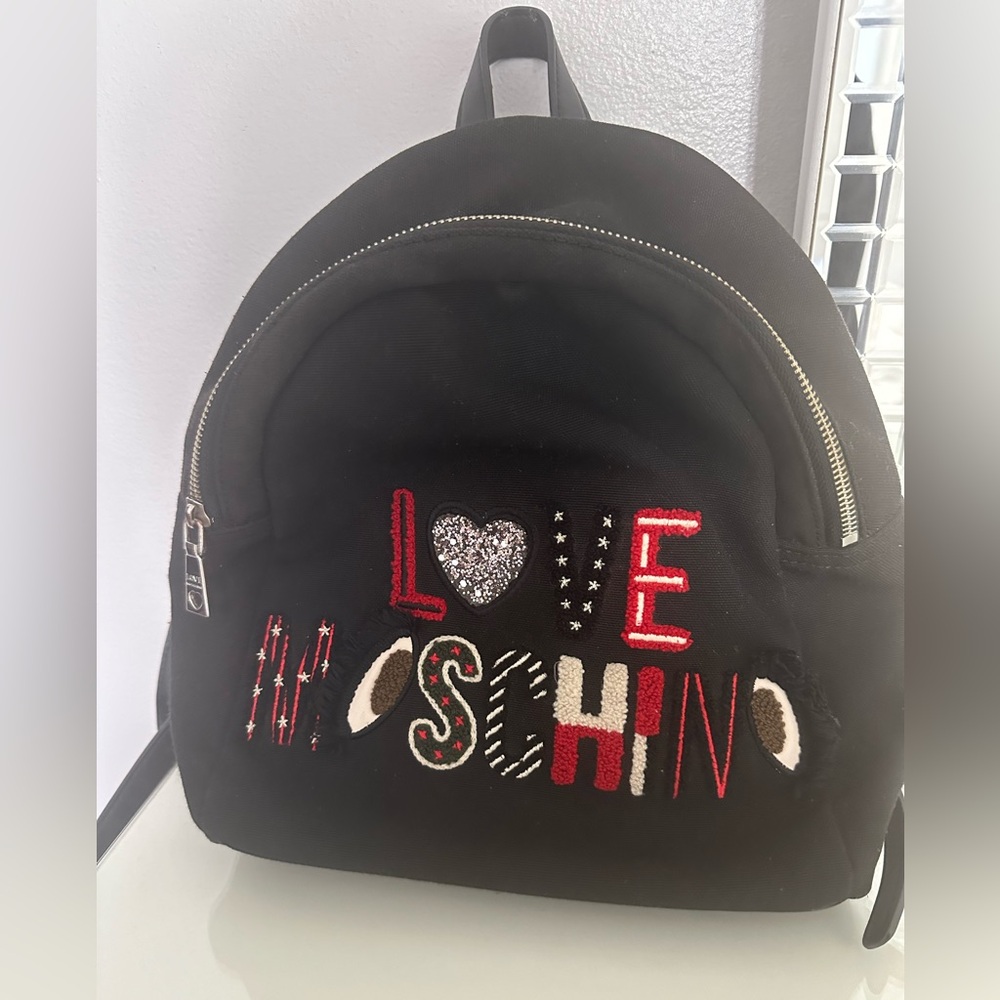 Love Moschino Black Canvas Logo Embroidered Backpack